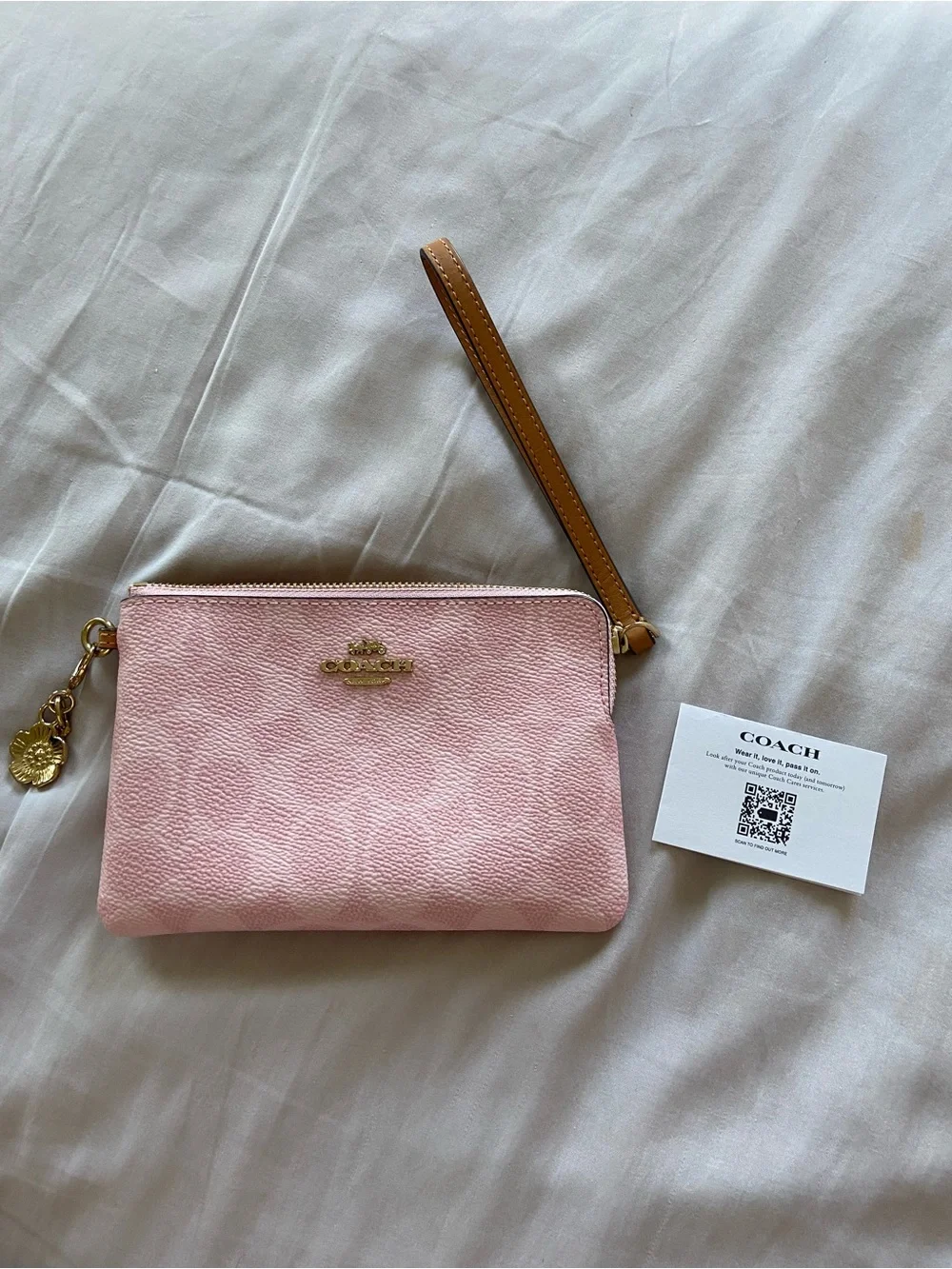Coach Powder Pink Leather Wristlet with Tan Strap